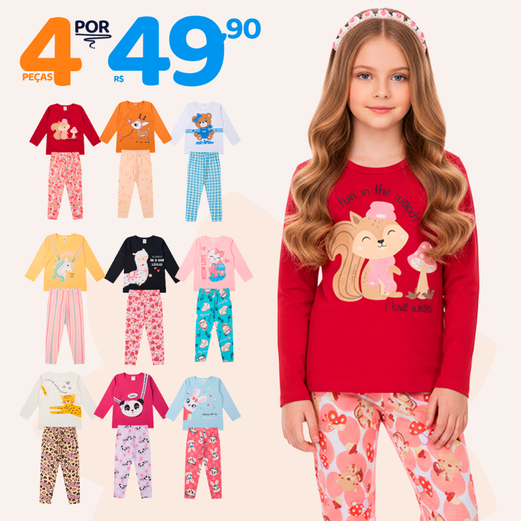 Kit Sortido 4 Peças de Roupas Feminino Infantil Inverno e meia estação – 2 camisas manga longa + 2 calças legging em Oferta na Shopee