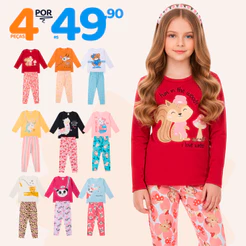 Kit Sortido 4 Peças de Roupas Feminino Infantil Inverno e meia estação – 2 camisas manga longa + 2 calças legging