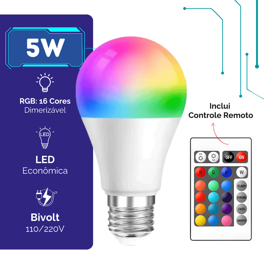 Lâmpada Bulbo Led Rgb 5w Luz Colorida 16 Cores Bivolt Controle Remoto Muda de Cor