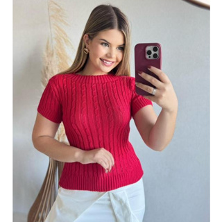 Camiseta Manga Curta Feminina Tricot Feminina Moda Confortável Detalhes em Trança em Oferta na Shopee