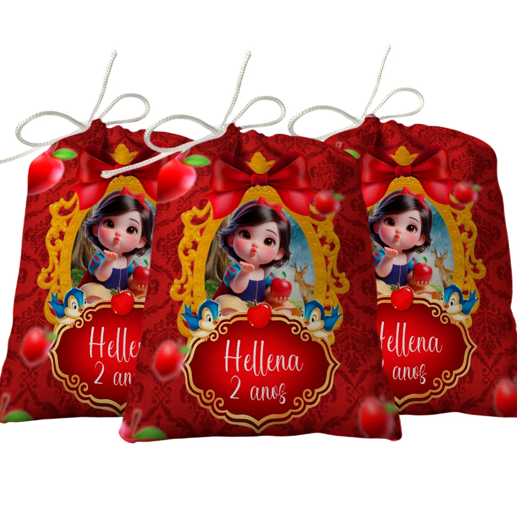 Sacolinha Lembrancinha Festa Aniversário Surpresa Tecido Personalizado Branca de neve Cute 3D