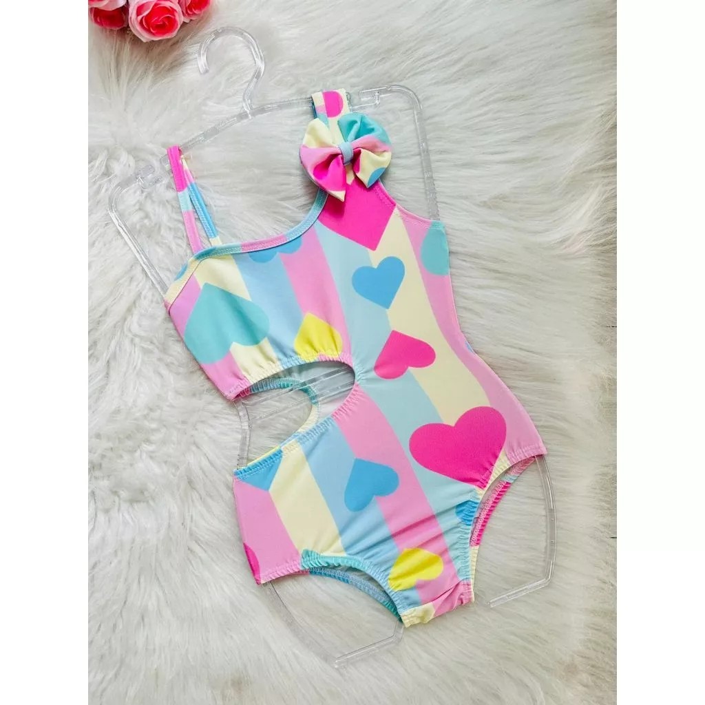 Maio Infantil de Menina para praia e piscina  Coracao Flamingo