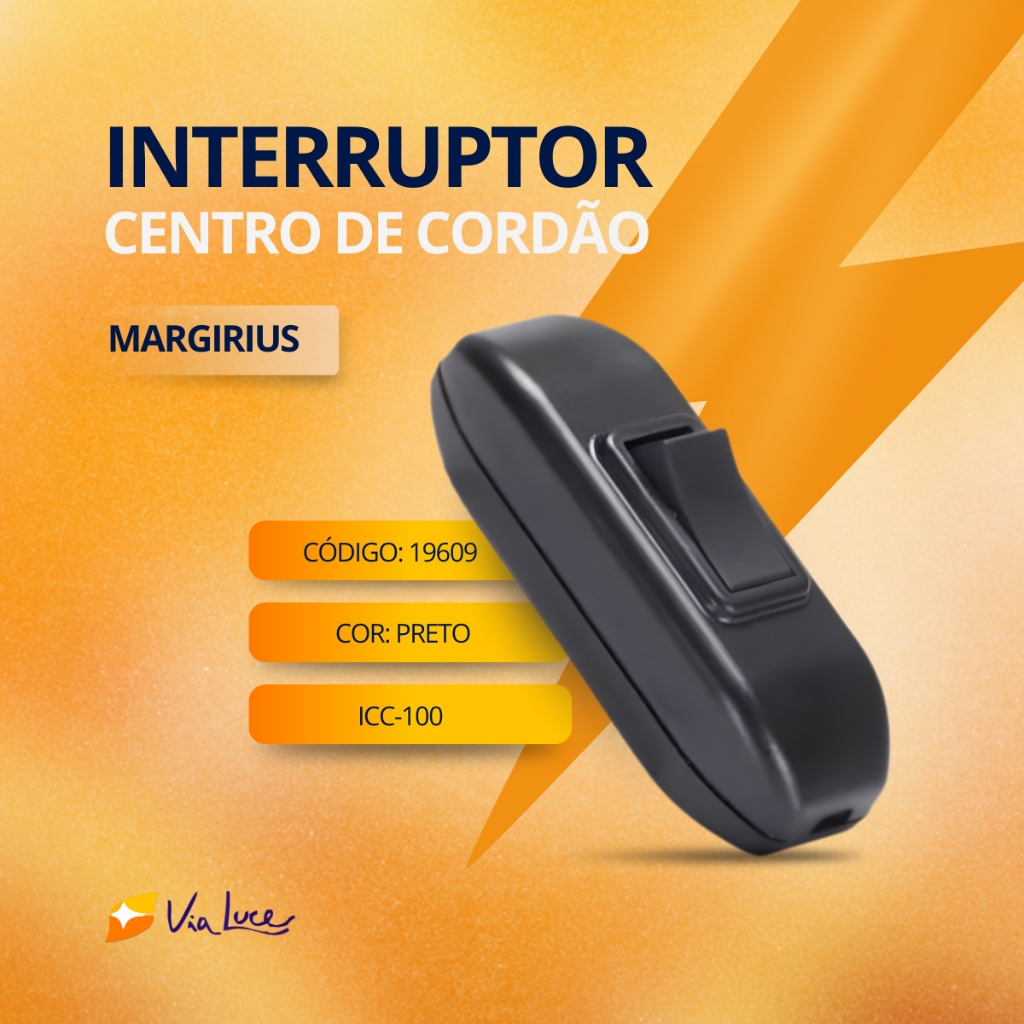 Interruptor Centro de Cordão Margirius ICC-100 Preto 10A 250V Para Luminárias e Abajures