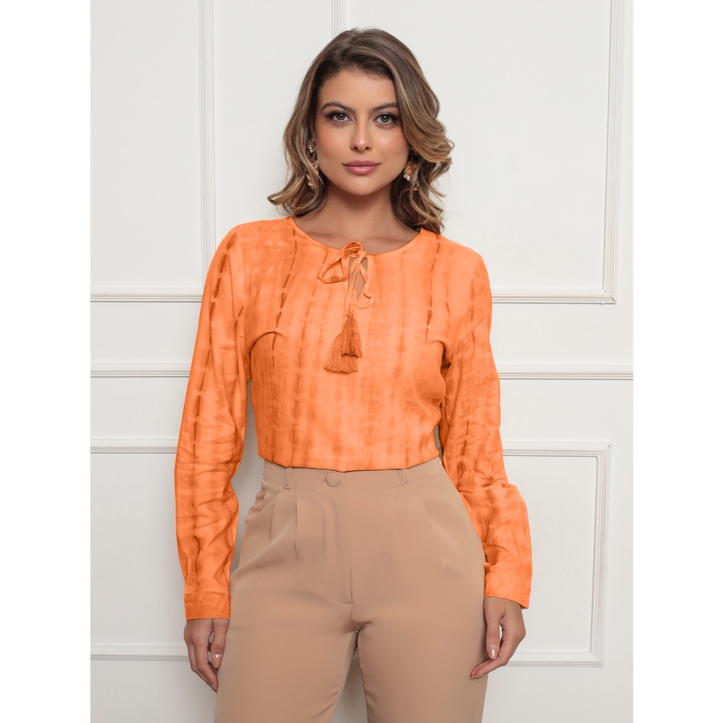 Onlyone - Blusa Feminina Tie Dye 100% Algodão Tecido Natural Manga Longa Decote Amarração Leve Fresco Casual - ANY1011