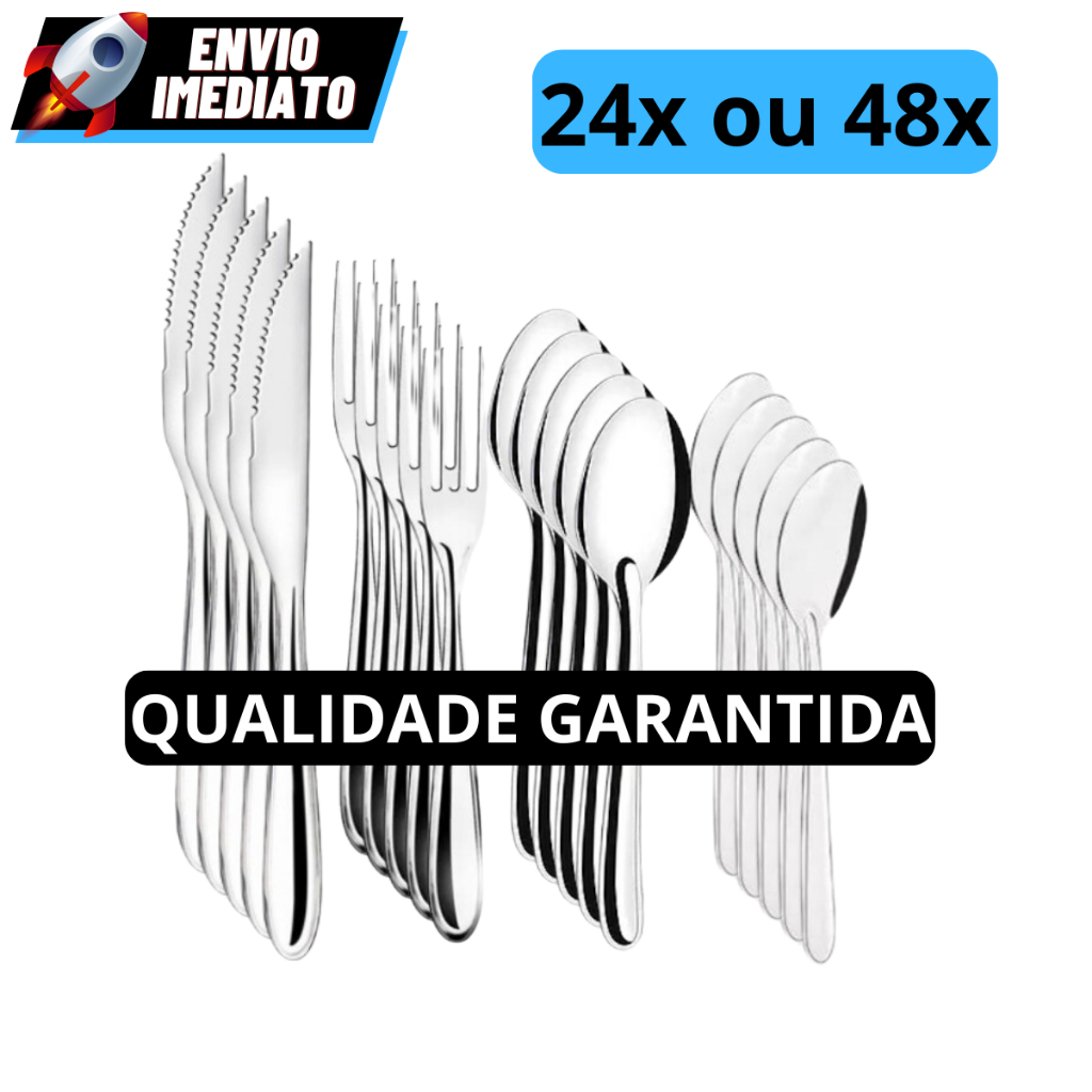 Jogo de Talheres 24/48 Peças Faqueiro Aço Inox Faca Garfo Colher de Mesa e Colheres de Sobremesa