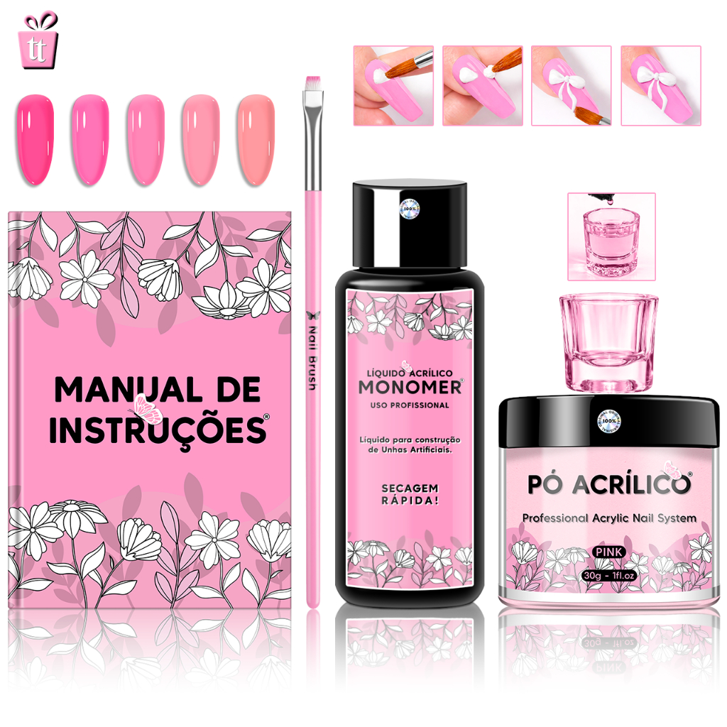 Kit Alongamento De Unha com Copo Dappen + Monomer Acrylicliquid + Pincel + Po Acrilico Para Unhas