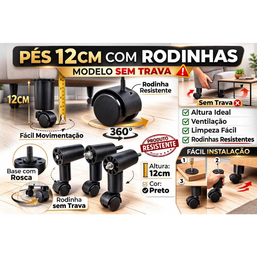 PÉ PARA CAMA BOX BAU SOFAS PUFFS MOVEIS EM MADEIRA COM RODINHAS SEM TRAVA 12CM UNVERSAL FORTE 03.03. em Oferta na Shopee