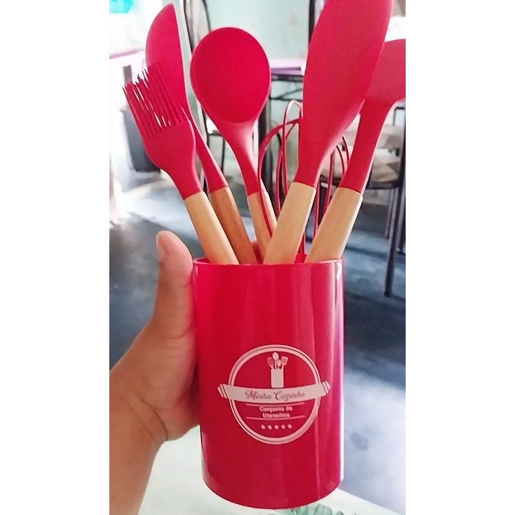 Jogo de Utensílios de Cozinha Silicone 7 Peças Cabo Madeira bambu - Não Risca Antiaderente