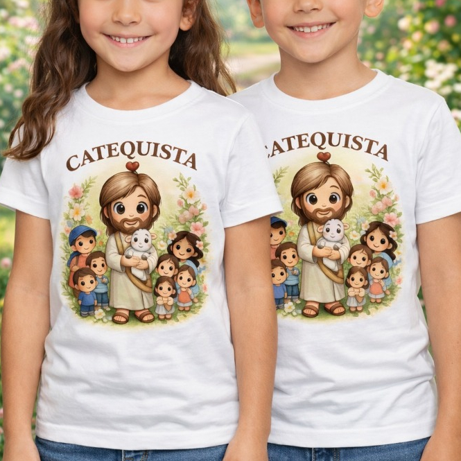 Camiseta Infantil Catequista Jesus com Crianças Camisa Cristã Católica Unissex Estampa Religiosa para Catequese e Missa