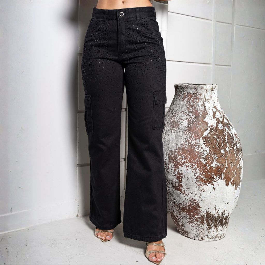 Calça Jeans Wide Leg BRILHO - STRASS Preta Sem Lycra Cintura Alta Pantalona Feminina Cargo Premium