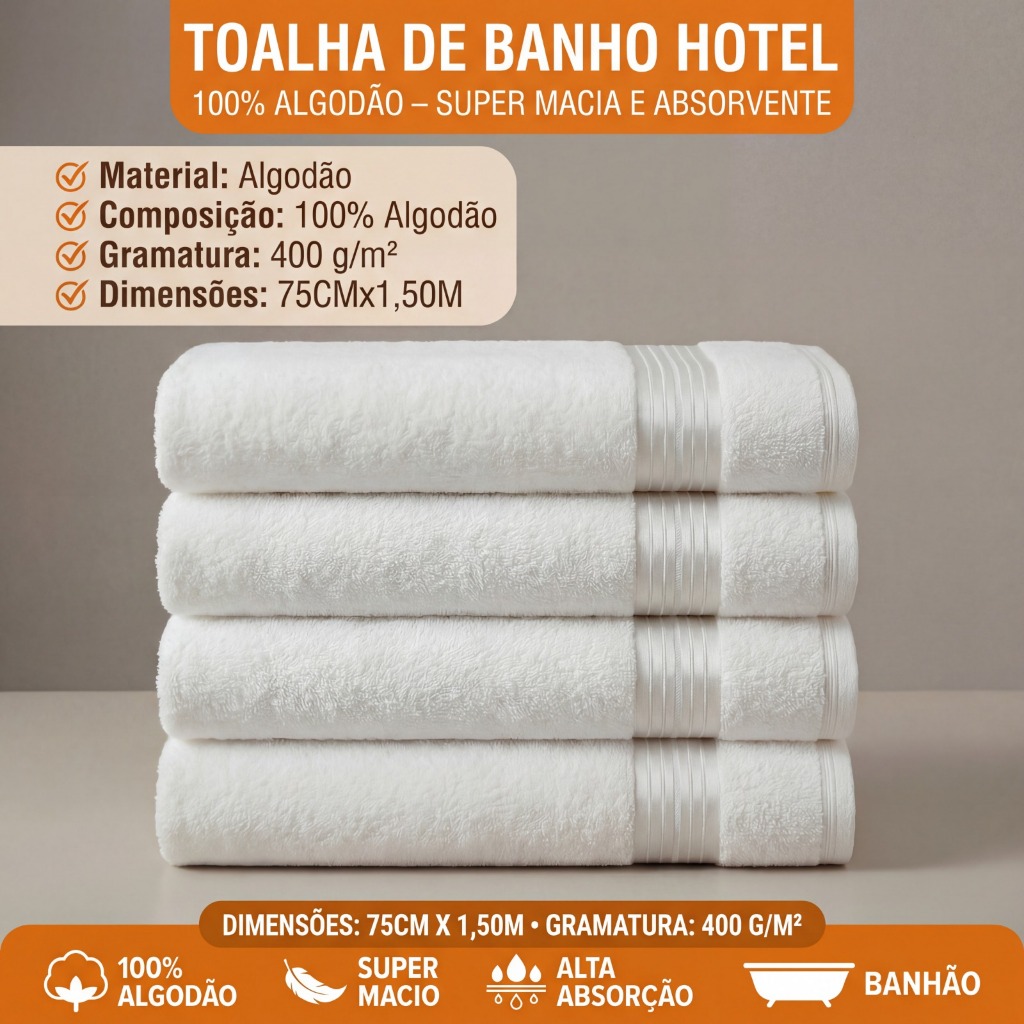 Kit 4 Toalhas de Banho Hotel Branca Grande 125x70 cm 100% Algodão Toque Macia