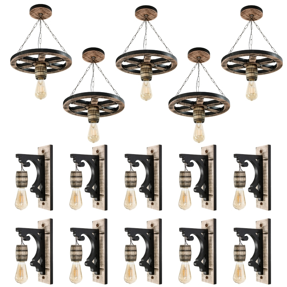 Kit 15 Luminárias Pendente Roda de Carroça e Luminárias Arandela Clássica Para Decoração - Rústico
