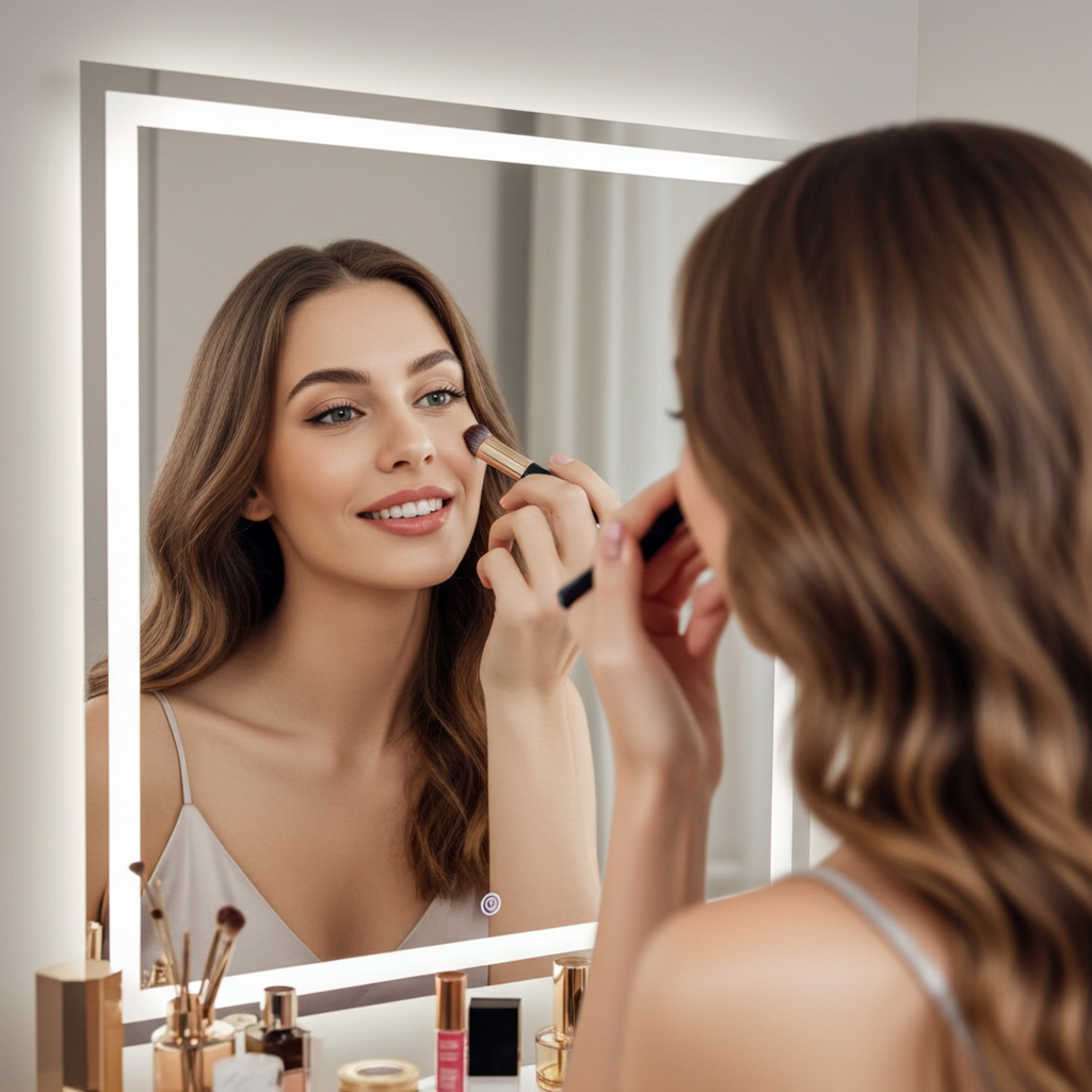 Espelho Quadrado Jateado com Led 3 Cores Touch liga e Desliga para Banheiro Penteadeira 50x50 cm em Oferta na Shopee