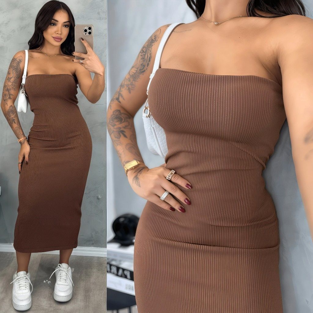 Vestido Feminino Midi Tubinho Canelado Anarruga Tomara que Caia vestido longo feminino vestido midi