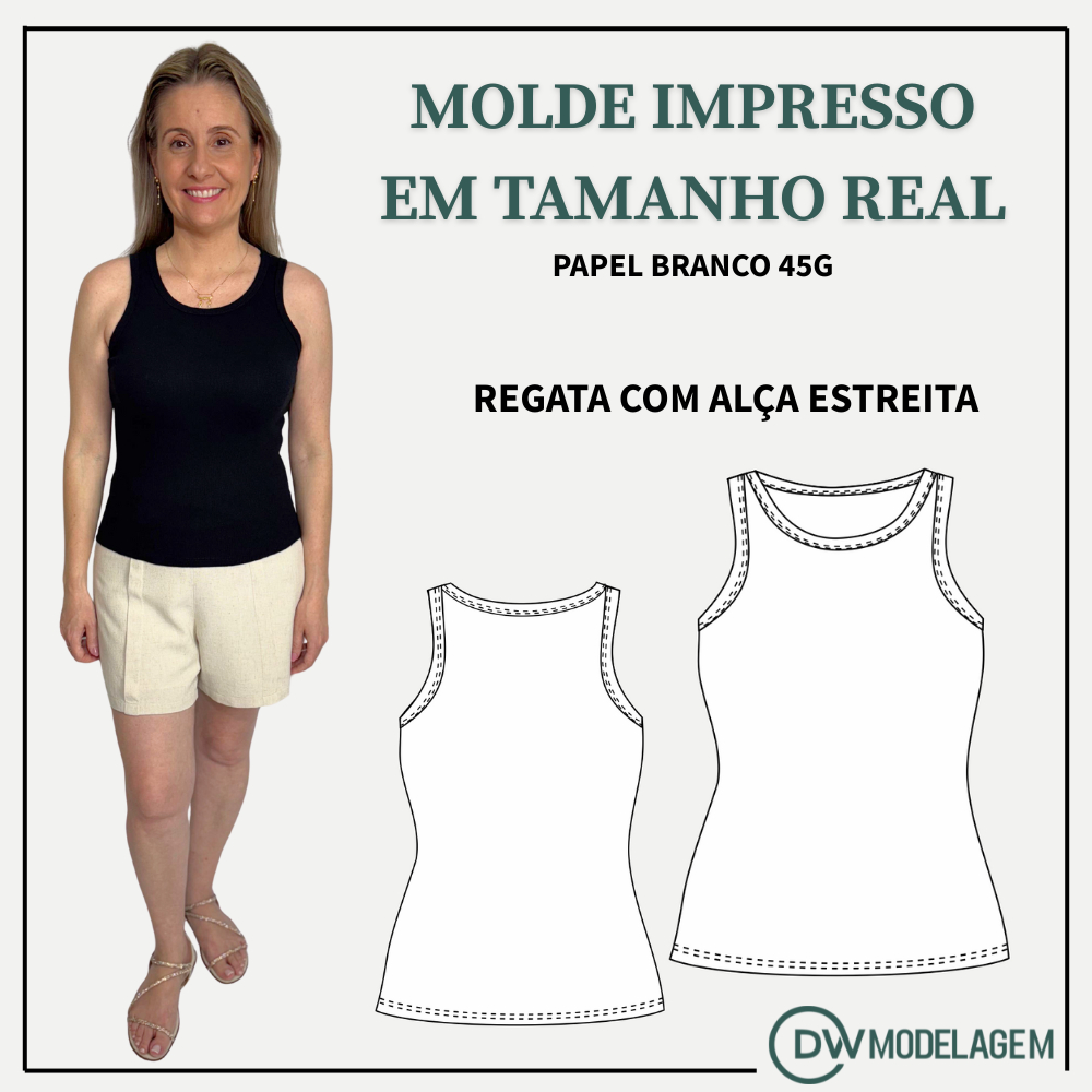 MOLDE PAPEL BRANCO 45g REGATA COM ALÇA ESTREITA -MOLDE DE ROUPA MODELAGEM PARA COSTURA
