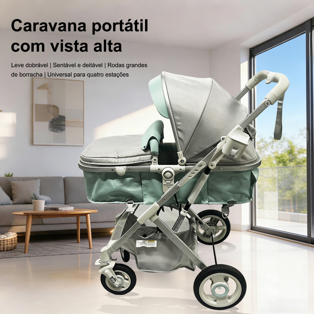 Carrinho de Bebê Luxo com Moisés Reversível, Dobrável, Bandeja de Alimentação, Estrutura Reforçada e Encosto Reclinável em Oferta na Shopee