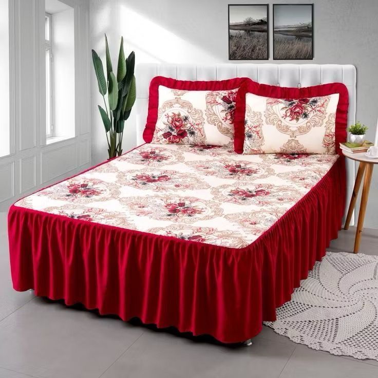 COLCHA CASAL CAMA BOX ESTAMPADA FLORAL COM BABADO 2,50m X 2,70m KIT ACOMPANHA 3 PEÇAS