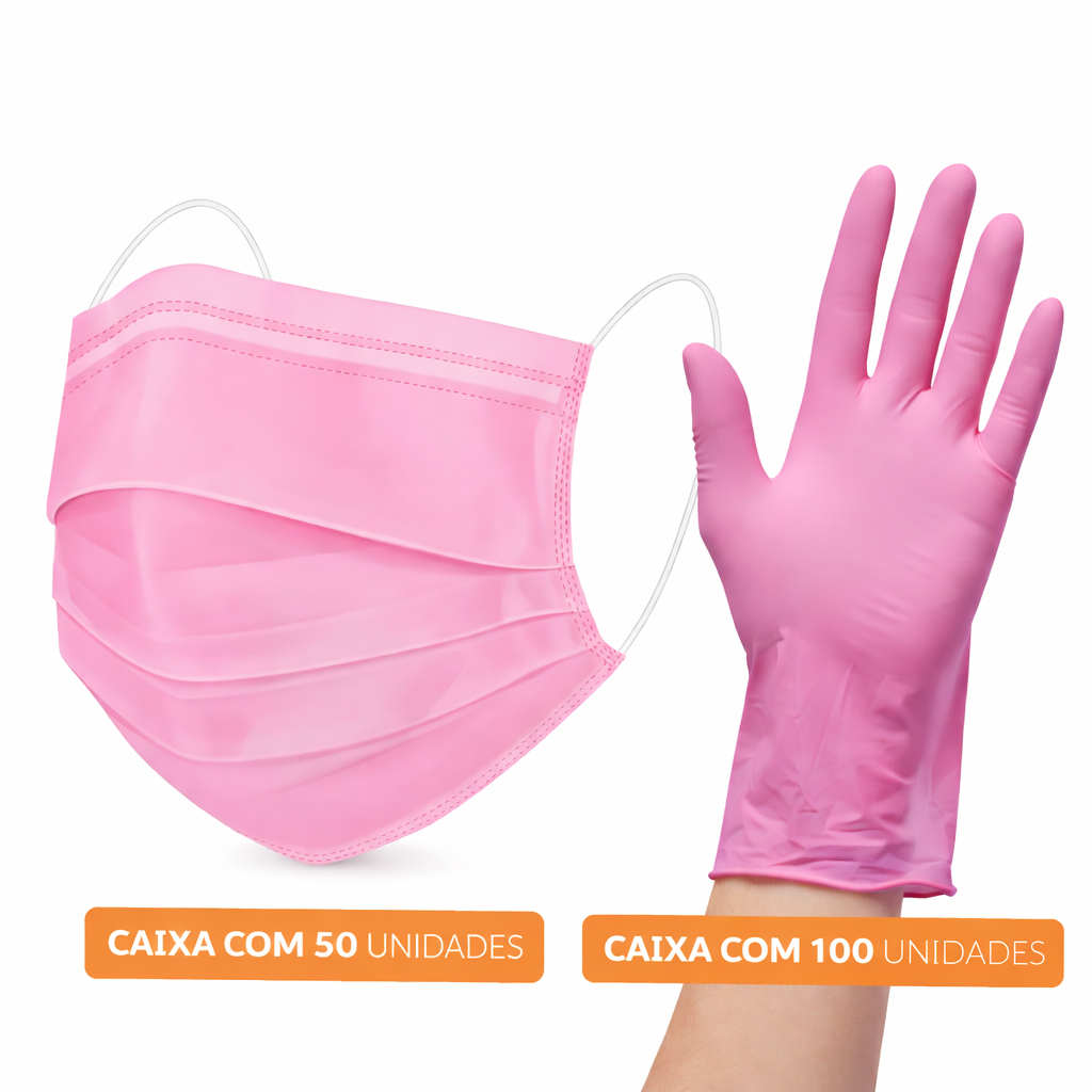 Super Kit 100 Luva Descartável Rosa Nitriliíca P M G + 50 Mascara Descartável Rosa