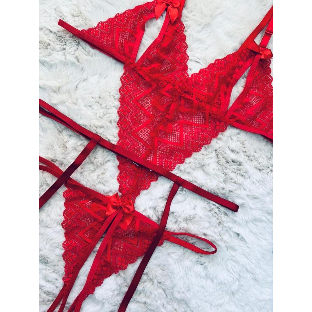 Lingerie Sexy Plus Size Body de Renda com Abertura Mais Cinta Liga Regulável