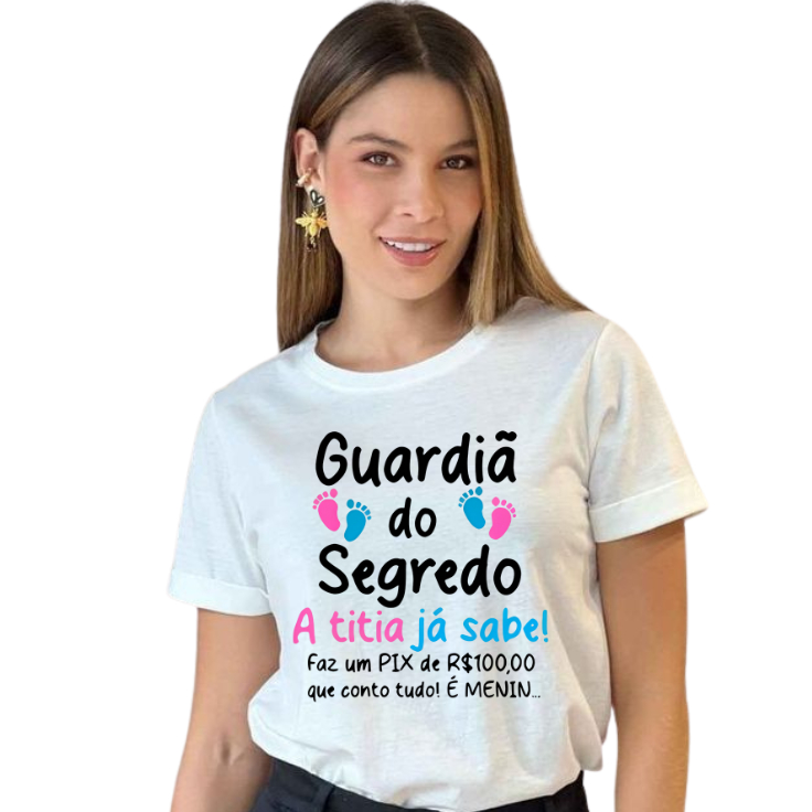 Camiseta chá revelação menino ou menina, bebê, mamãe, gravidez, guardiã de segredo, titio e titia já sabe, time menino.