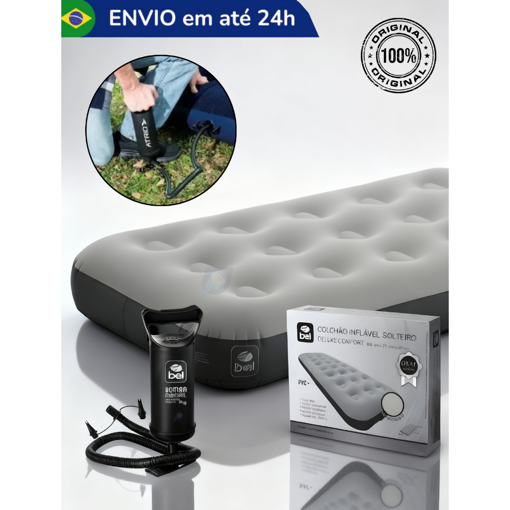 Colchão Inflável de Ar Solteiro 150kg para Barraca Camping Praia Reforçado Resistente Melhor Original + Bomba Manual