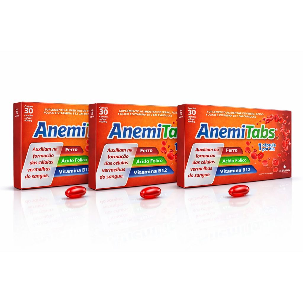 AnemiTabs | Ferro + Ácido Fólico + Vitamina B12 | 30 Cápsulas Softgel | 1 Cápsula ao Dia