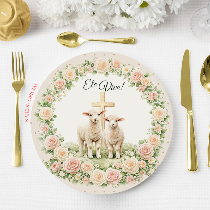 Kit com 2-4-6-8 Capas de Sousplat Páscoa - Coelhinho Cordeiro Santa Ceia  - Estampa Digital - 35 CM