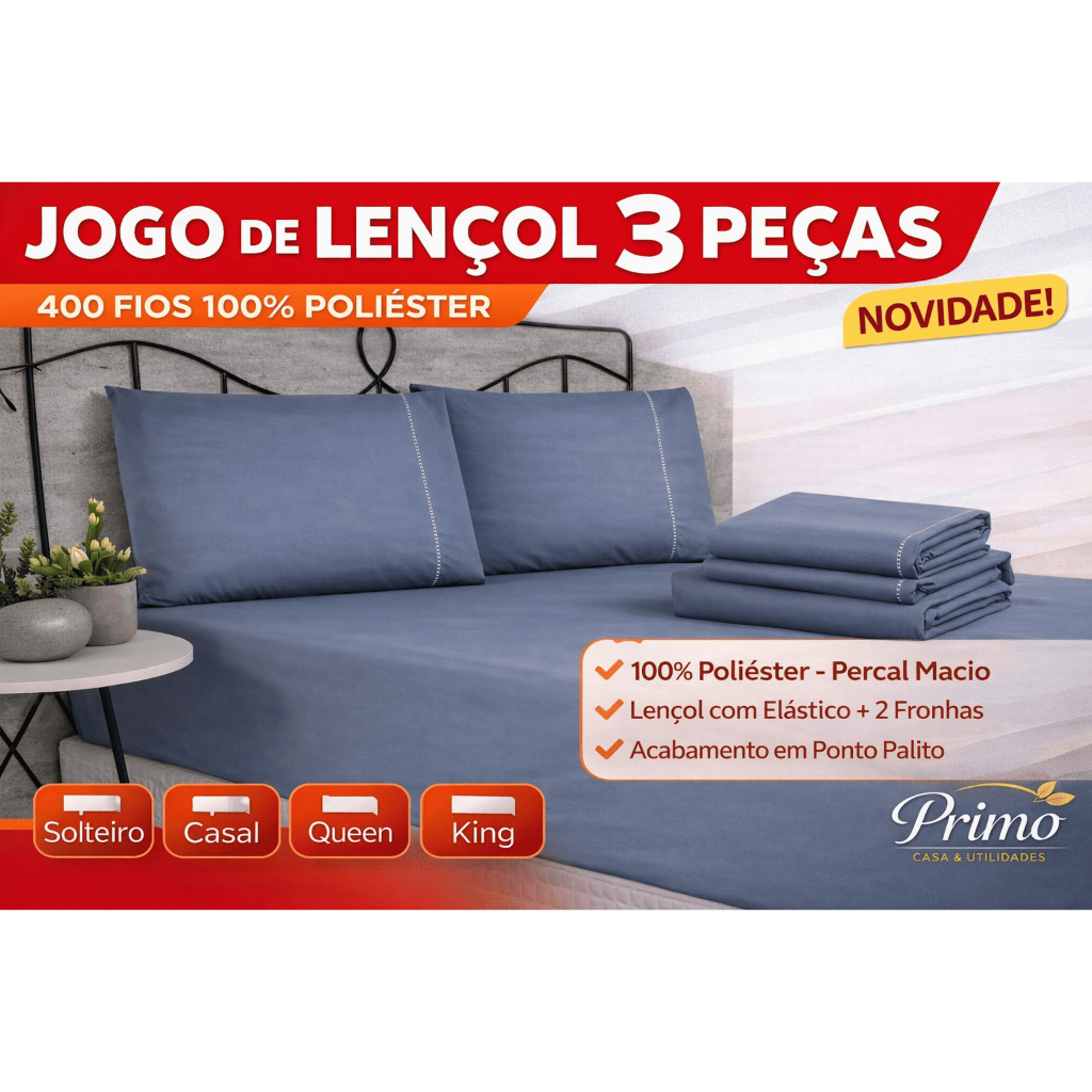 Jogo de Lençol 3 Peças Padrão 400 Fios com Ponto Palito – Percal Poliéster - Solteiro, Casal, Queen e King