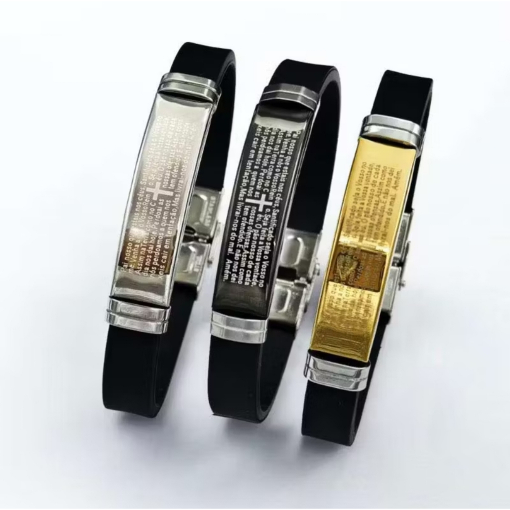 Pulseira Masculina Ajustavel Pai nosso Borracha resistente Prata/ Dourado em Oferta na Shopee