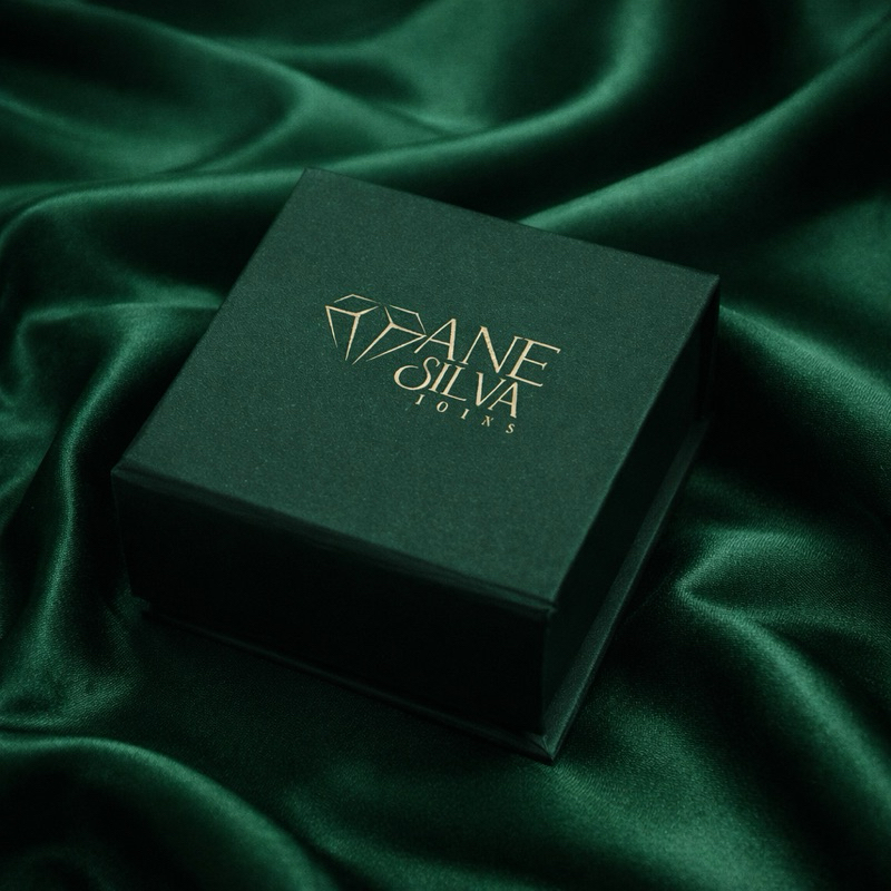 Caixinha de Anel Luxo Verde com Logo Dourado Embalagem Premium Ane Silva Joias