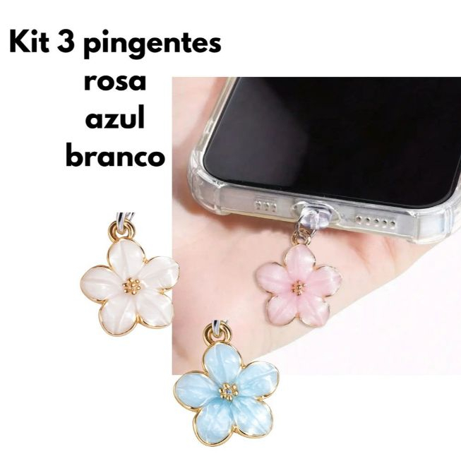 3 Pingentes Flor protetor para Celular poeira | Entrada Tipo C USB| iPhone Samsung Xiaomi | Rosa Azul Branco ANTI POEIRA