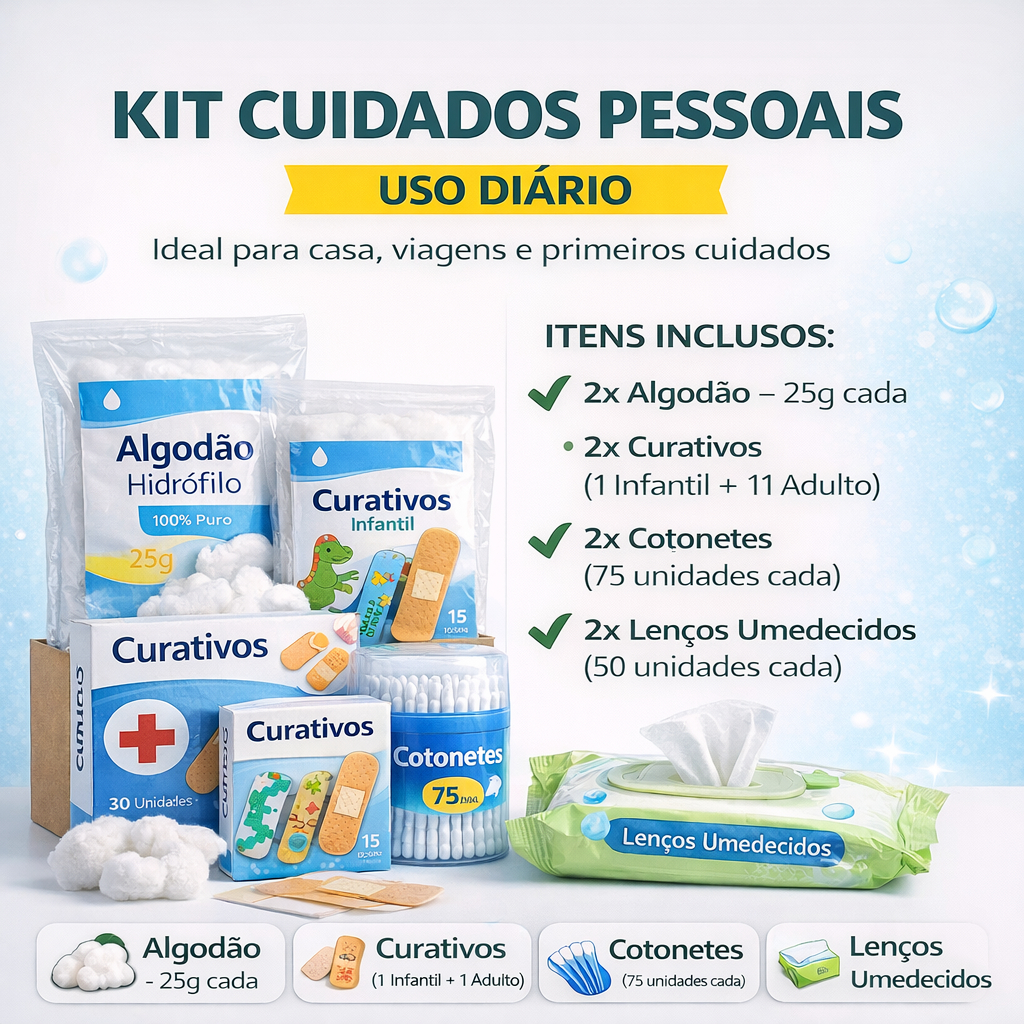 Kit Higiene Pessoal Completo com Algodão Curativos Cotonetes e Lenços Umedecidos