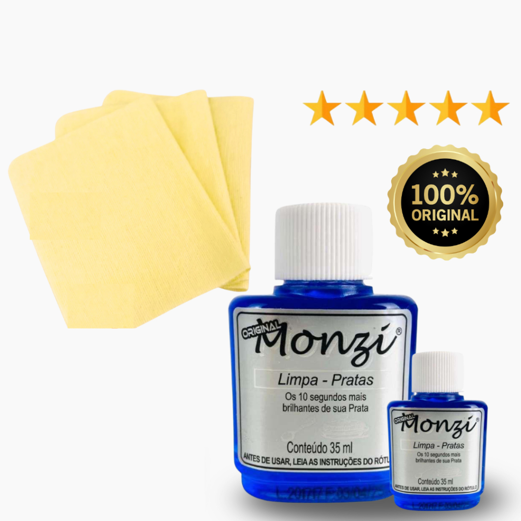 Kit 5 Monzi 35ml+ Flanela Magica Polidora Fácil De Usar Limpa Prata Monzi Original Kit 1 a 5