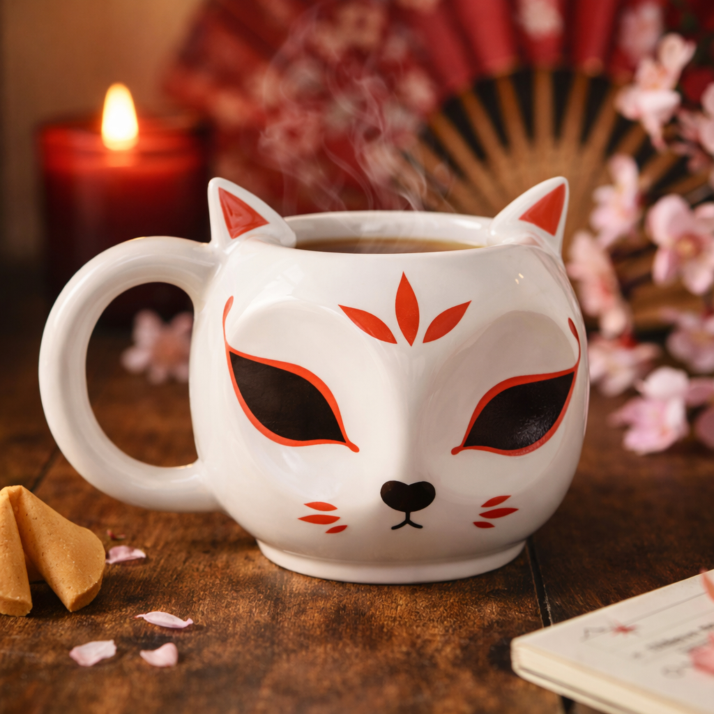 Caneca Raposa Japonesa Decorada 300 ML Cerâmica Enfeite Presente 3d 300l