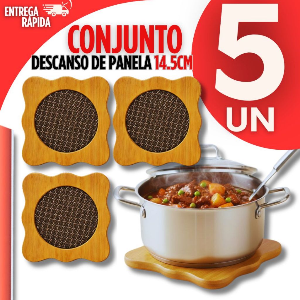 Jogo  05 Descanso de Panela Bambu  Cozinha Jantar Premium Prático, Protege a Mesa Quente Utilidades