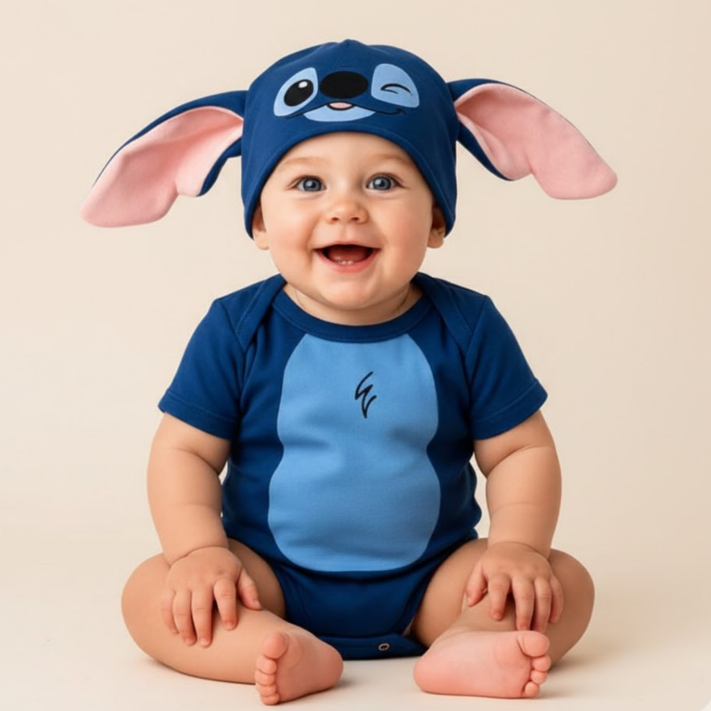 Body Bebê Infantil Stitch 100% Algodão Mêsversário Temático Super Confortável Com Touca Orelhinhas
