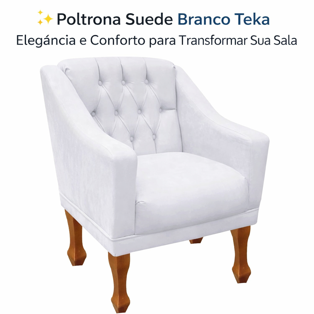 🛋️ Poltrona Teka em Suede Branco • Moderna, Decorativa e Confortável para Sala e Quarto