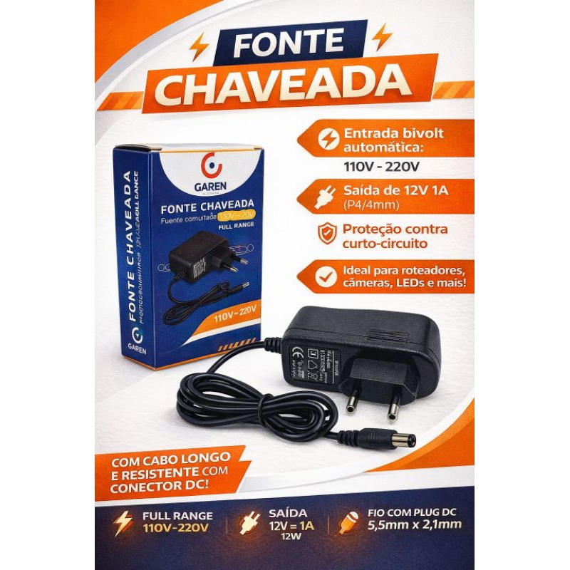 Fonte Alimentação 12V - 2A Full Range Bivolt Câmera de Segurança