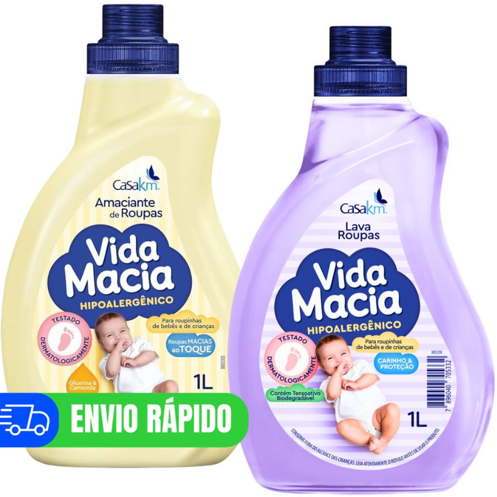Kit Vida Macia Lava Roupas Líquido e Amaciante 1Litro CasaKm