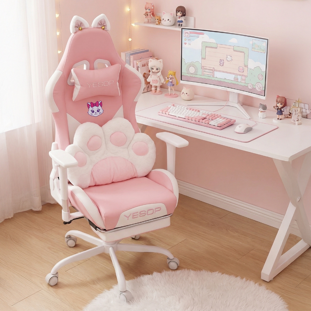 Imagem YESOP Cadeira Gamer Rosa Gato com Apoio de Pés Reclinável 135° Pelúcia e Orelhas Super Fofa