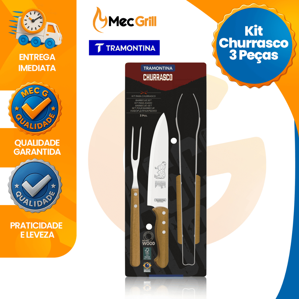 Kit Churrasco Conjunto Trinchante 3 Peças Tramontina Cabo de Madeira Pegador Garfo Faca em Oferta na Shopee