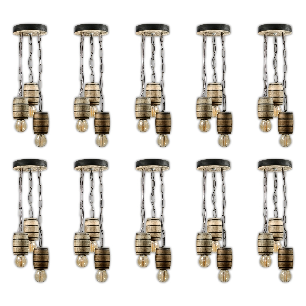 Kit 10 Luminária Pendente Lustre Rústico Vintage Colonial Madeira Maciça Modelo Barril - Rústico