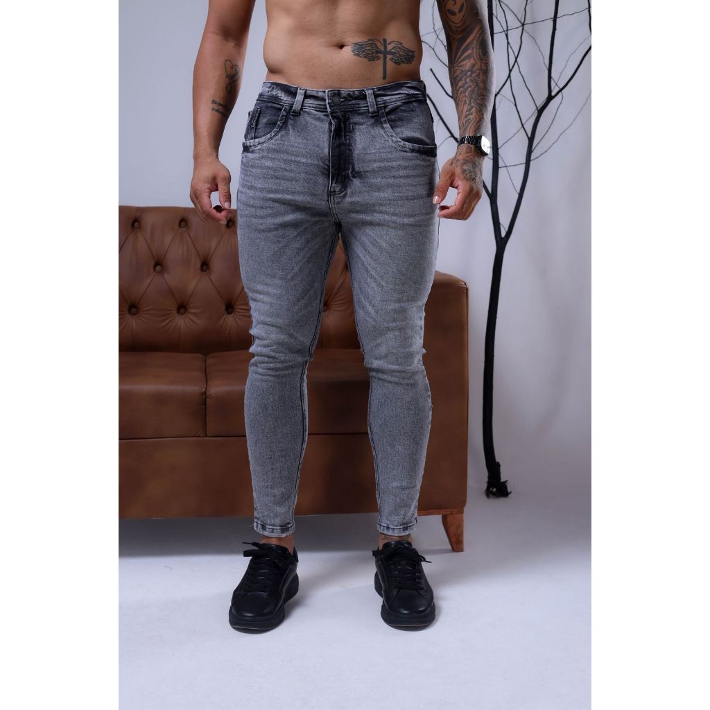 Calça Masculina Jeans Skinny Marmorizada Cinza Estilosa com Lycra  Premium