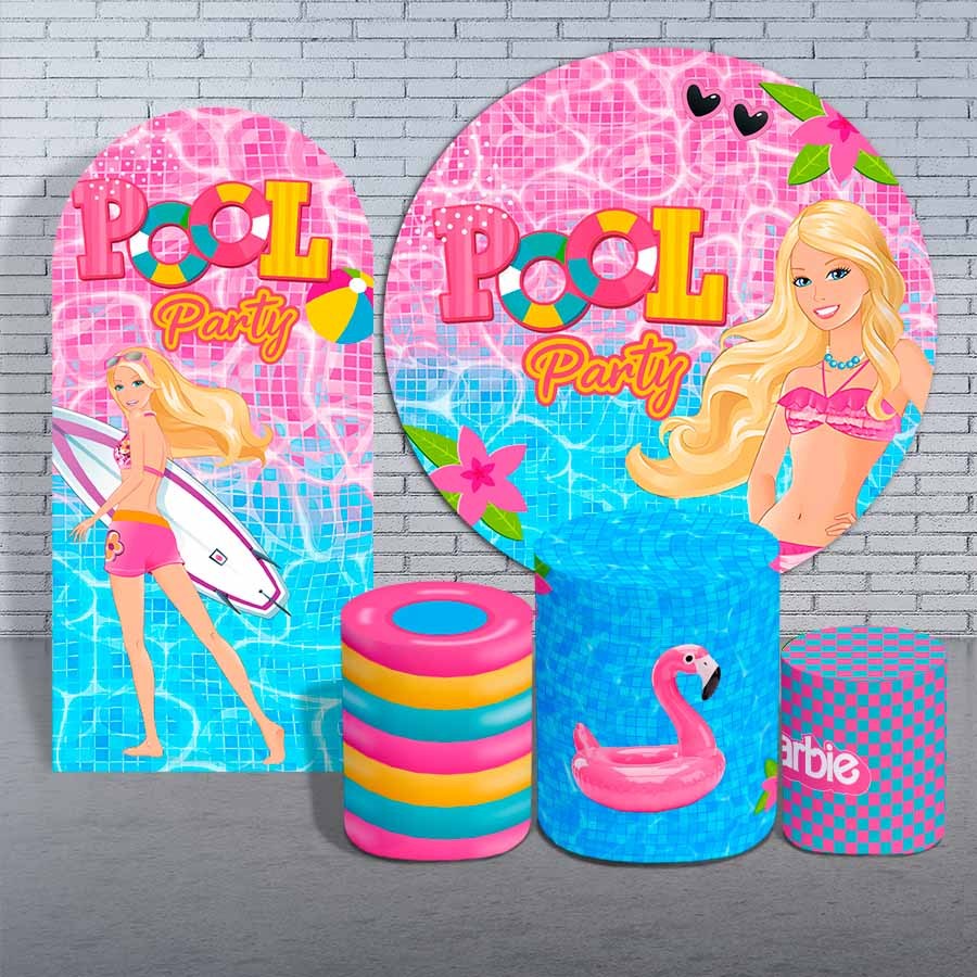 Kit Festa Pool Party Boneca Rosa Capas Painéis + Cilindros Decoração Infantil Barbi