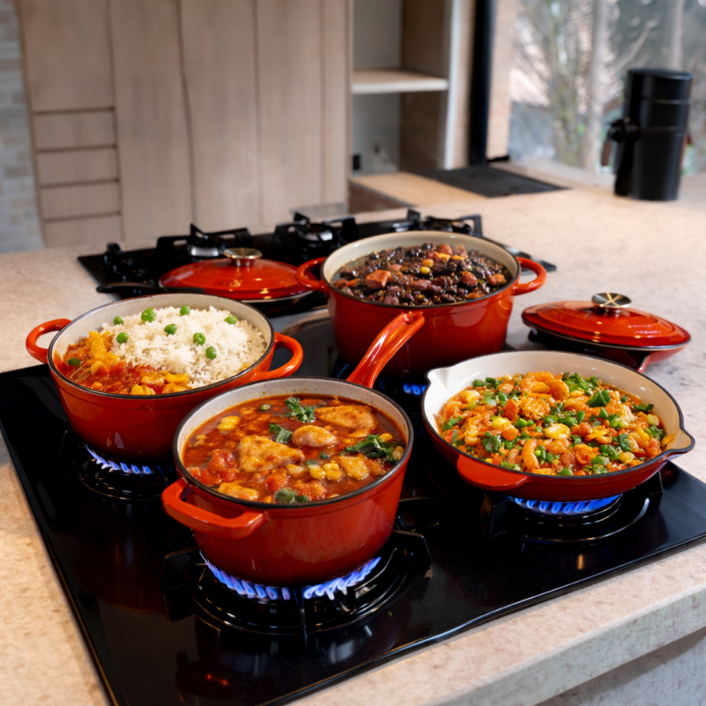 Kit Jogo Panelas Esmaltadas Antiaderente Ferro Fundido Chama e Indução Com Inmetro Estilo Creuset