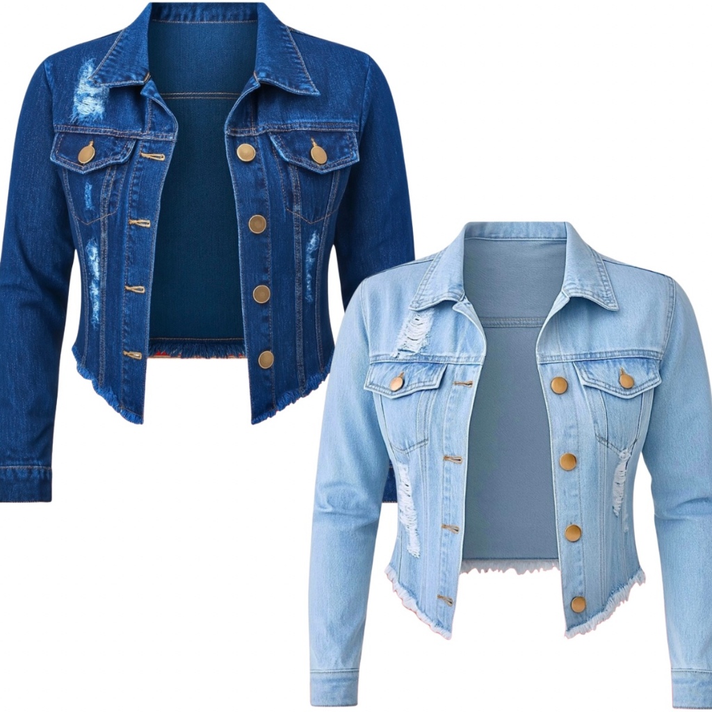 Kit 2 Jaquetas Jeans Feminina Denim Linha Premium Cores Manga Longa Desfiada