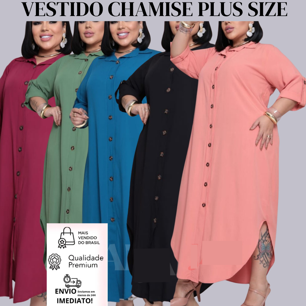 Vestido Chamise Longo Com Botão  Feminino Plus Size G1/G2 Luxo