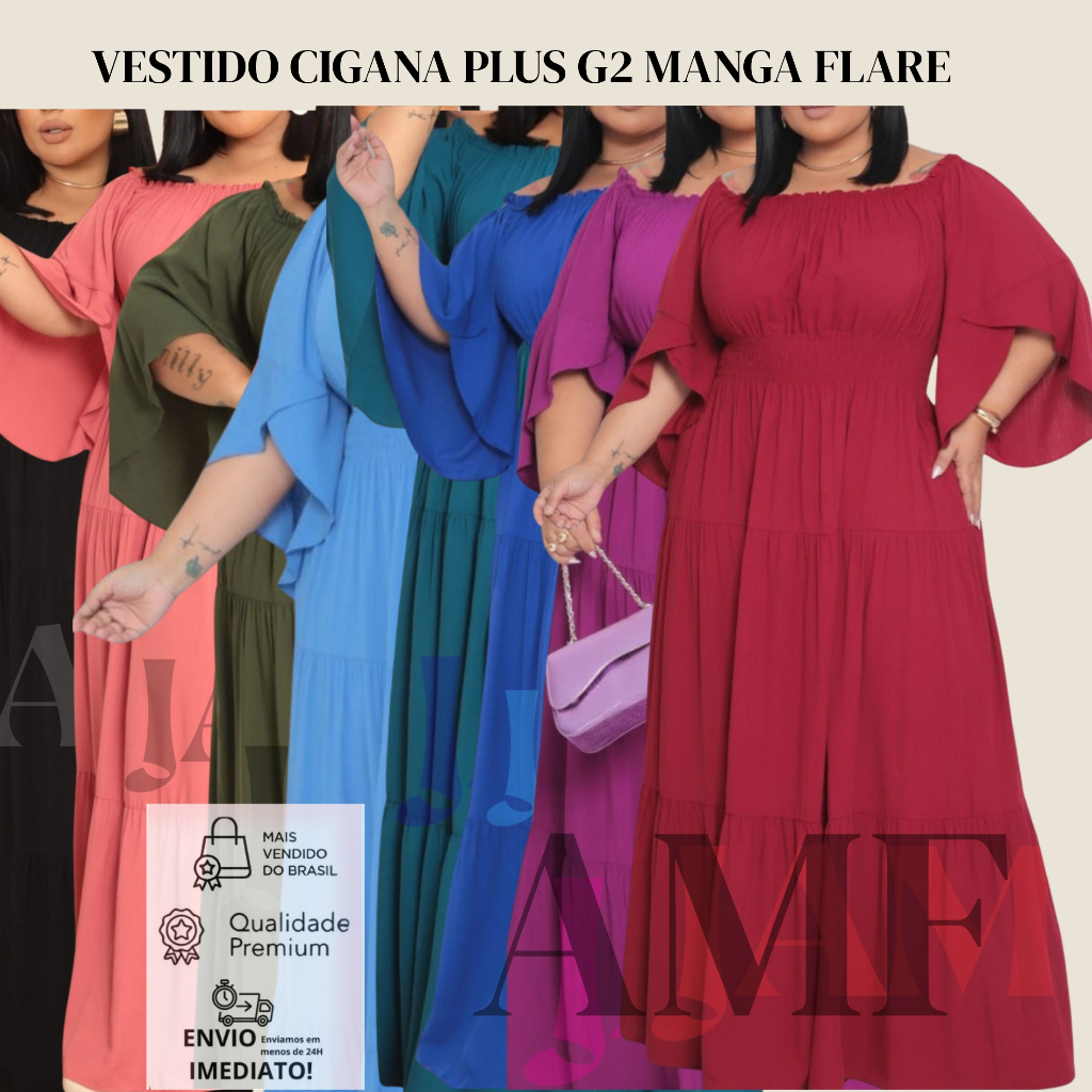 Vestido Cigana Longo Manga Flare 3/4 Plus Size Femenino Ajustavél Elegante Luxo G2