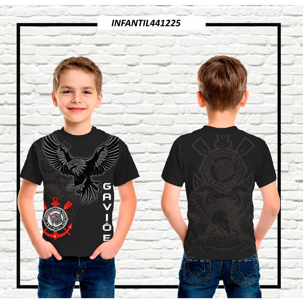Camiseta Infantil e Adulto Corinthians Preto em tecido Dryfit