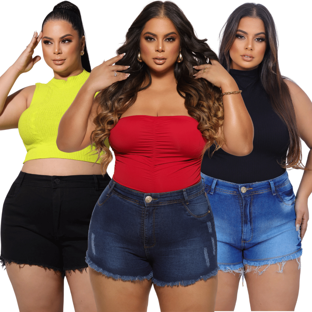 Kit 3 short plus size jeans feminino com lycra curto desfiado tamanho grande cintura alta Curve modeladora em Oferta na Shopee